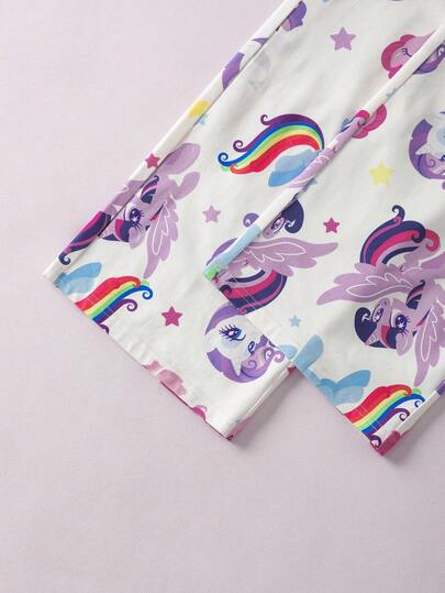 My Little Pony X SHEIN مجموعة بيجامة بقميص وبنطلون مطبوعة بالوحيد والحصان النمط المناسبة للفتيات المراهقات، مناسبة للربيع والخريف والشتاء، قطعتان