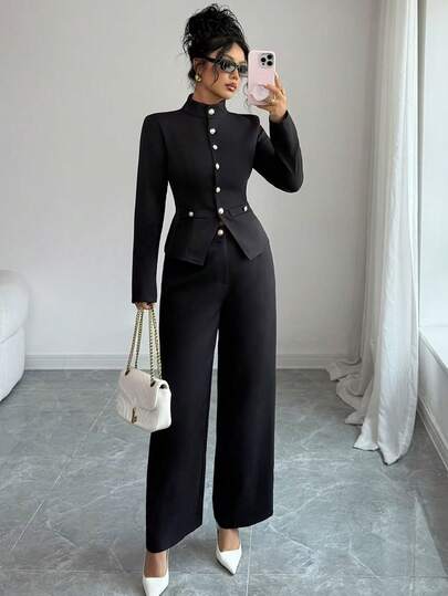 SHEIN PETITE طقم ملابس علوية رقبة عالية وبنطلون للنساء