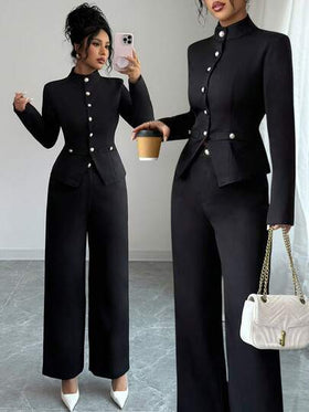 SHEIN PETITE طقم ملابس علوية رقبة عالية وبنطلون للنساء
