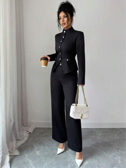 SHEIN PETITE طقم ملابس علوية رقبة عالية وبنطلون للنساء