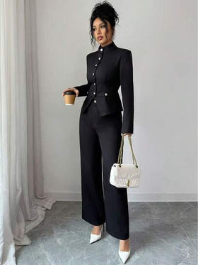 SHEIN PETITE طقم ملابس علوية رقبة عالية وبنطلون للنساء