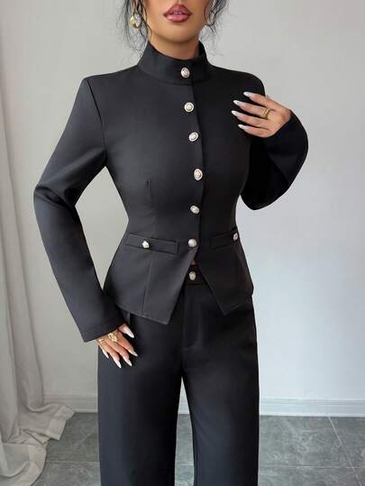 SHEIN PETITE طقم ملابس علوية رقبة عالية وبنطلون للنساء
