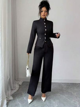 SHEIN PETITE طقم ملابس علوية رقبة عالية وبنطلون للنساء