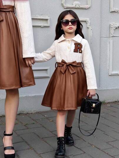 SHEIN Elladie kids فستان بنات طويل الأكمام مخطط ذو ياقة مرقع باللون البني، حيوي وجميل، مناسب للحفلات والارتداء اليومي، للخريف/الشتاء