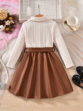 SHEIN Elladie kids فستان بنات طويل الأكمام مخطط ذو ياقة مرقع باللون البني، حيوي وجميل، مناسب للحفلات والارتداء اليومي، للخريف/الشتاء