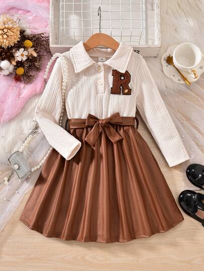 SHEIN Elladie kids فستان بنات طويل الأكمام مخطط ذو ياقة مرقع باللون البني، حيوي وجميل، مناسب للحفلات والارتداء اليومي، للخريف/الشتاء