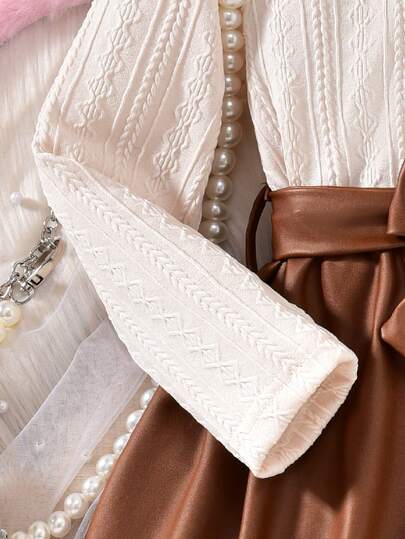 SHEIN Elladie kids فستان بنات طويل الأكمام مخطط ذو ياقة مرقع باللون البني، حيوي وجميل، مناسب للحفلات والارتداء اليومي، للخريف/الشتاء