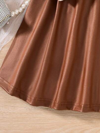 SHEIN Elladie kids فستان بنات طويل الأكمام مخطط ذو ياقة مرقع باللون البني، حيوي وجميل، مناسب للحفلات والارتداء اليومي، للخريف/الشتاء