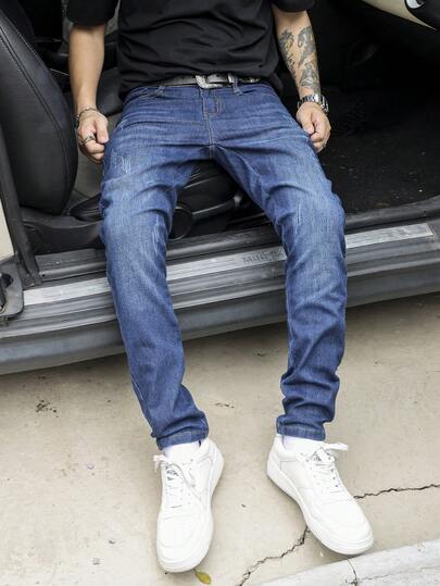 جينز رجالي ذو نسيج مخدش القط مطاطي ضيق التناسب مستقيم الساق، قصة فضفاضة طويلة، غسيل حذوة الحصان، أزرق كلاسيكي، طراز Y2K، مناسب للخروجات غير الرسمية مع الأصدقاء