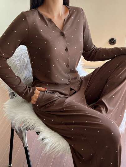DAZY بيجامة نسائية طويلة الأكمام بطبعة نقاط كبيرة، ملابس خريف وشتاء رمضان