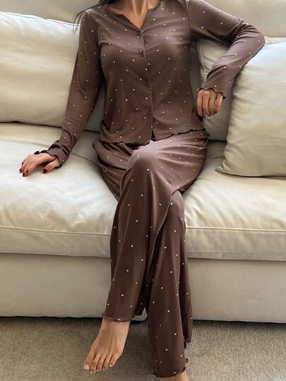 DAZY بيجامة نسائية طويلة الأكمام بطبعة نقاط كبيرة، ملابس خريف وشتاء رمضان
