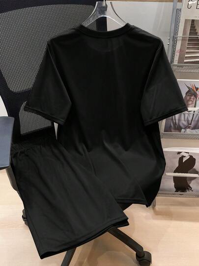 SHEIN طقم ملابس علوية وشورت 2قطعة/مجموعة للمراهقين الرجال الفضفاض المريح بشعار العلامة التجارية للزينة، ربيع/صيف