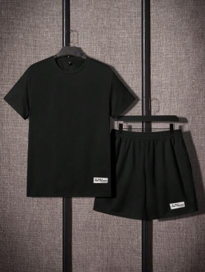 SHEIN طقم ملابس علوية وشورت 2قطعة/مجموعة للمراهقين الرجال الفضفاض المريح بشعار العلامة التجارية للزينة، ربيع/صيف