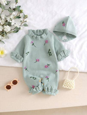 SHEIN Vintaside Kids مجموعة طفل بيج 2 قطعة: رومبير رومبر مطرزة بياقة دانتيل + قبعة، تصميم أنيق وحلو