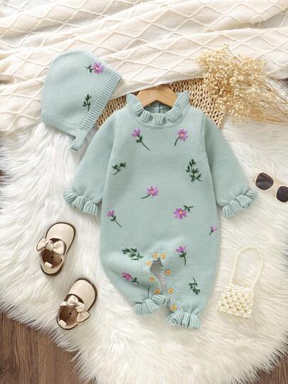 SHEIN Vintaside Kids مجموعة طفل بيج 2 قطعة: رومبير رومبر مطرزة بياقة دانتيل + قبعة، تصميم أنيق وحلو