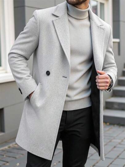 Manfinity Homme معطف طويل الأكمام بجيب وأزرار للرجال كبار الحجم، لون أحادي، معطف للخروج في الخريف، مناسب كهدية لأصدقاء، أزواج، أصدقاء الذكور، مجموعة معطف الرجال، ملابس رمادية للرجال، ملابس الرجال الفاخرة للخريف