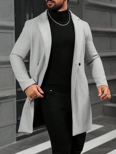 Manfinity Homme معطف طويل الأكمام بجيب وأزرار للرجال كبار الحجم، لون أحادي، معطف للخروج في الخريف، مناسب كهدية لأصدقاء، أزواج، أصدقاء الذكور، مجموعة معطف الرجال، ملابس رمادية للرجال، ملابس الرجال الفاخرة للخريف
