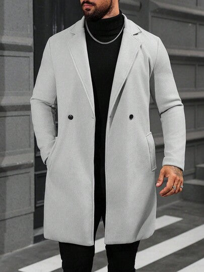 Manfinity Homme معطف طويل الأكمام بجيب وأزرار للرجال كبار الحجم، لون أحادي، معطف للخروج في الخريف، مناسب كهدية لأصدقاء، أزواج، أصدقاء الذكور، مجموعة معطف الرجال، ملابس رمادية للرجال، ملابس الرجال الفاخرة للخريف