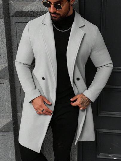 Manfinity Homme معطف طويل الأكمام بجيب وأزرار للرجال كبار الحجم، لون أحادي، معطف للخروج في الخريف، مناسب كهدية لأصدقاء، أزواج، أصدقاء الذكور، مجموعة معطف الرجال، ملابس رمادية للرجال، ملابس الرجال الفاخرة للخريف
