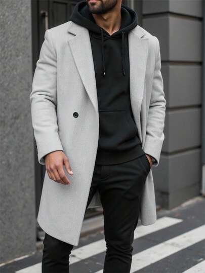 Manfinity Homme معطف طويل الأكمام بجيب وأزرار للرجال كبار الحجم، لون أحادي، معطف للخروج في الخريف، مناسب كهدية لأصدقاء، أزواج، أصدقاء الذكور، مجموعة معطف الرجال، ملابس رمادية للرجال، ملابس الرجال الفاخرة للخريف