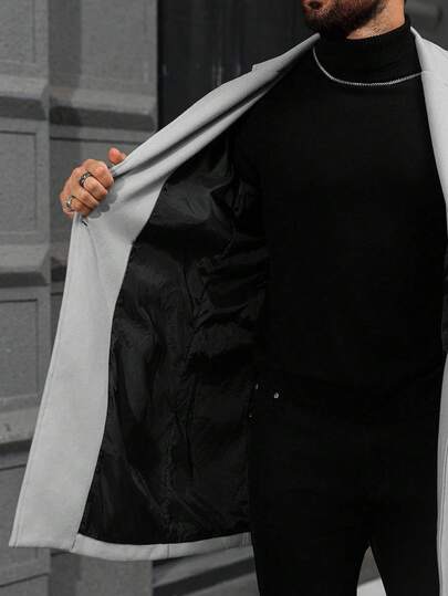 Manfinity Homme معطف طويل الأكمام بجيب وأزرار للرجال كبار الحجم، لون أحادي، معطف للخروج في الخريف، مناسب كهدية لأصدقاء، أزواج، أصدقاء الذكور، مجموعة معطف الرجال، ملابس رمادية للرجال، ملابس الرجال الفاخرة للخريف