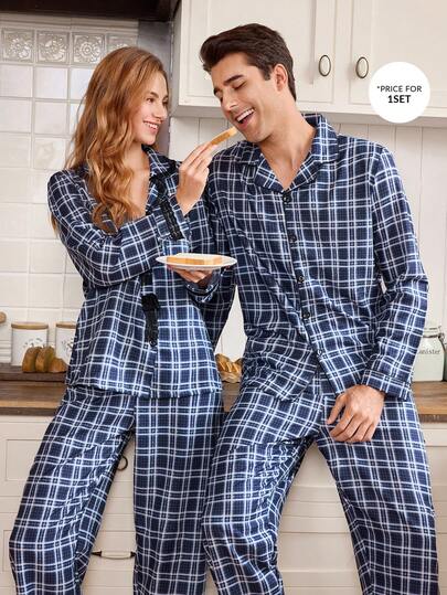 CoupledUp طقم بيجامة رجالي أساسي بسيط بنمط كاجوال أزرق مربع، طقم بيجامة متطابق للأزواج، ملابس خريف وشتاء