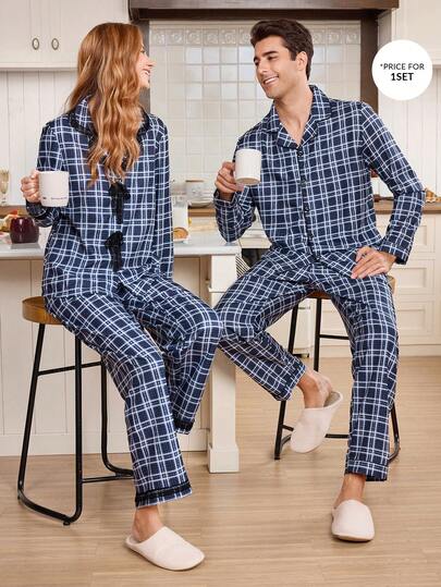 CoupledUp طقم بيجامة رجالي أساسي بسيط بنمط كاجوال أزرق مربع، طقم بيجامة متطابق للأزواج، ملابس خريف وشتاء