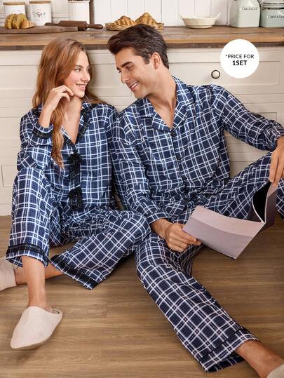 CoupledUp طقم بيجامة رجالي أساسي بسيط بنمط كاجوال أزرق مربع، طقم بيجامة متطابق للأزواج، ملابس خريف وشتاء