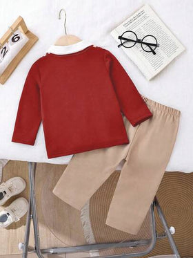 SHEIN Playful Pals طقم طفل ولد، ملابس علوية بولو مريح طويل الأكمام مصنوع من الأقمشة المحبوكة 2 في 1 مع ملابس علوية رياضية، تصميم أنيق وعصري للطفل مع طباعة على الصدر، مقترن مع بنطلون كاجوال فضفاض بخصر مطاطي، مناسب لمناسبات الخريف مثل العطلات والخروجات اليو