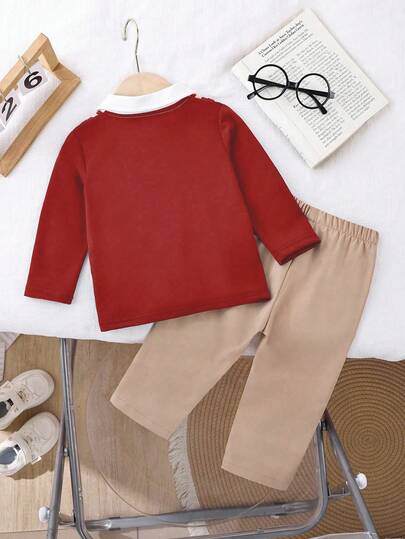 SHEIN Playful Pals طقم طفل ولد، ملابس علوية بولو مريح طويل الأكمام مصنوع من الأقمشة المحبوكة 2 في 1 مع ملابس علوية رياضية، تصميم أنيق وعصري للطفل مع طباعة على الصدر، مقترن مع بنطلون كاجوال فضفاض بخصر مطاطي، مناسب لمناسبات الخريف مثل العطلات والخروجات اليو