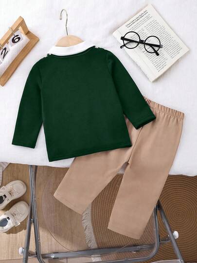 SHEIN Playful Pals طقم طفل ولد، ملابس علوية بولو مريح طويل الأكمام مصنوع من الأكريليك 2 في 1 مع بنطلون كاجوال فضفاض ذو خصر مطاطي، تصميم فريد مطبوع على الصدر، مناسب للمناسبات الخريفية مثل العطلات والاستخدام اليومي وما إلى ذلك.