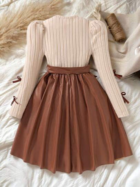 SHEIN فستان بياقة طاقم وأكمام طويلة من الأريب المحبوك مع تصميم زهري على الذيل، لطيف وأنثوي، للخريف قطعة واحدة