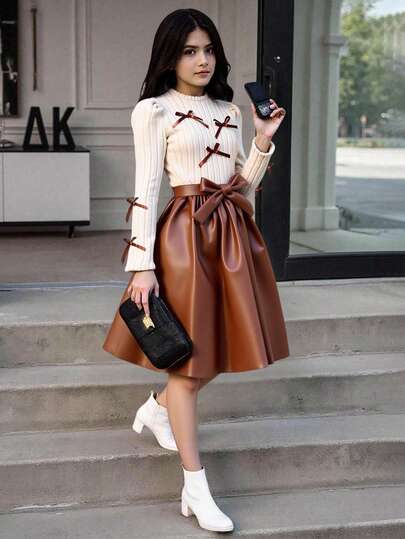 SHEIN فستان بياقة طاقم وأكمام طويلة من الأريب المحبوك مع تصميم زهري على الذيل، لطيف وأنثوي، للخريف قطعة واحدة