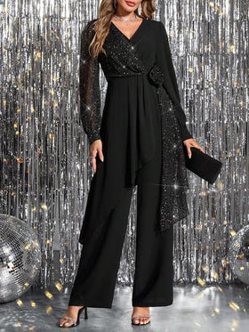 SHEIN Clasi طقم نسائي جديد لخريف/شتاء، مكون من قطعتين، لباس علوي بأكمام طويلة ورقبة على شكل حرف V وحاشية غير منتظمة، ومطرز باللون الأسود ومطرز بثنيات معدنية، ومزين بزخارف نباتية ثلاثية الأبعاد، وبنطلون مستقيم الساق، وعصري وأنيق للحفلات.