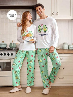 CoupledUp طقم بيجامة للأزواج بنمط لون متباين على شكل أفوكادو، بأكمام طويلة للخريف، ملابس شتوية