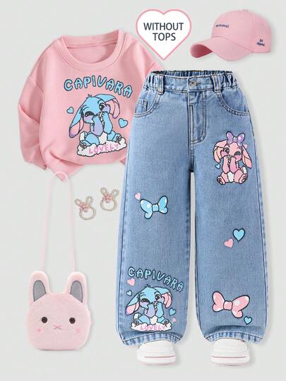 SHEIN ChillGRL بنطلون جينز واسع الساق بطبعة أرنب كرتوني وفيونكة، لون أزرق فاتح مغسول، مريح وعصري للفتيات الصغيرات، مناسب للارتداء اليومي، المدرسة، السفر والأوقات الحرة