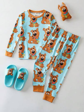 SCOOBY-DOO X SHEIN مجموعة بيجاما بطبعة كلب كرتوني مضحك على الجزء العلوي ذو الرقبة الطاقم والبنطلون، قطعتان