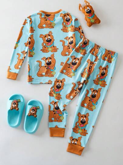 SCOOBY-DOO X SHEIN مجموعة بيجاما بطبعة كلب كرتوني مضحك على الجزء العلوي ذو الرقبة الطاقم والبنطلون، قطعتان