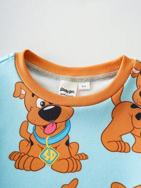 SCOOBY-DOO X SHEIN مجموعة بيجاما بطبعة كلب كرتوني مضحك على الجزء العلوي ذو الرقبة الطاقم والبنطلون، قطعتان