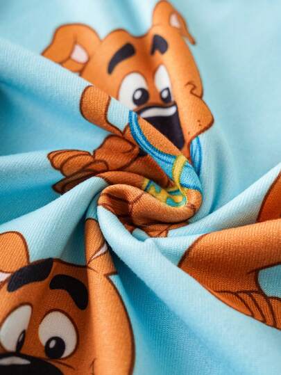 SCOOBY-DOO X SHEIN مجموعة بيجاما بطبعة كلب كرتوني مضحك على الجزء العلوي ذو الرقبة الطاقم والبنطلون، قطعتان