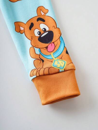 SCOOBY-DOO X SHEIN مجموعة بيجاما بطبعة كلب كرتوني مضحك على الجزء العلوي ذو الرقبة الطاقم والبنطلون، قطعتان