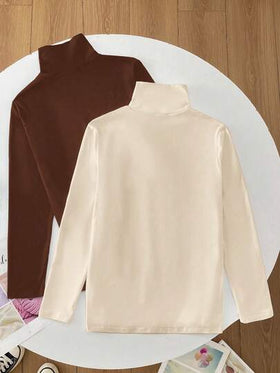 SHEIN مجموعة من 2 قميص كم طويل رقبة طاقم بتصميم نحيف للمراهقين، بني وبيج، كاجوال، مريح، متعدد الاستخدامات، مناسب للمدرسة والخارج والاستخدام اليومي، خريف/شتاء
