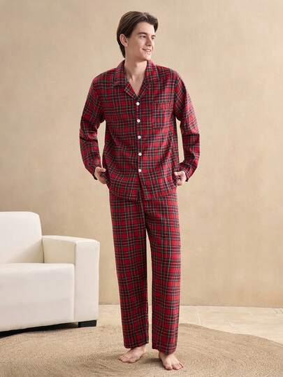 SHEIN بيجامة مكونة من ملابس علوية وبنطلون بياقة مرتخية ذات نقشة مربعات، مريحة وأنيقة، ملابس خريفية، طقم ملابس منزلية أنيقة بطراز البريطاني الأسكتلندي للرجال، مناسبة لعيد الميلاد والخريف والشتاء