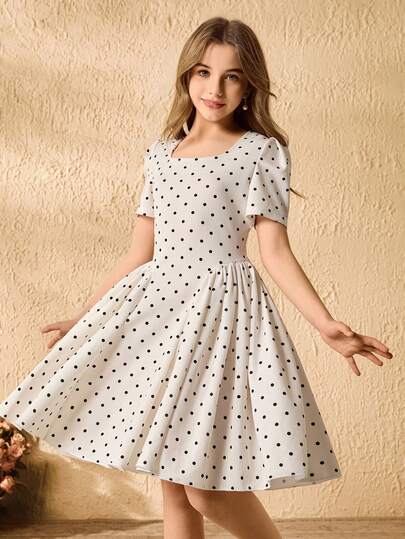 فستان بياقة مربعة وأكمام منتفخة طول الركبة للبنات، صيفي