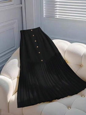 Franclia تنورة خط A ذات إغلاق بأزرار وطيات أنيقة باللون الأحادي، للربيع/الصيف