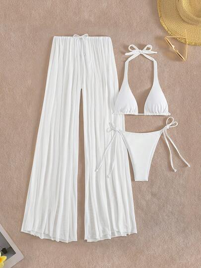 طقم بيكيني ماكسي تنورة شبكية بلون واحد مكون من 3 قطع مع بدلة سباحة عميقة الرقبة على شكل مثلث، مناسب للعطلات، الكاجوال، الأنيق، البوهيمي الحديث، بنطال شبكي مفتوح الظهر مناسب للعطلات، الحفلات، الشاطئ، العطلات باللون الأبيض