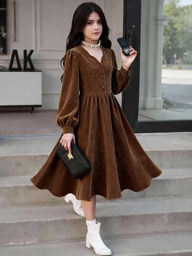 SHEIN فستان طويل بخصر على شكل حرف A مزين بأزرار وأكمام فانوس من الكوردوروي البني، ملابس خارجية أنيقة للمراهقات، خريف/شتاء