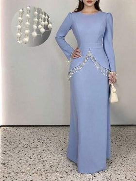 SHEIN Elenzya فستان أنيق رومانسي بخصر مناسب مزين بالخرز والشراريب ذو رقبة دائرية وأكمام طويلة بتصميم A-line للنساء، مناسب للحفلات والمناسبات الرسمية