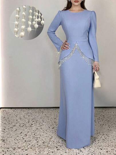 SHEIN Elenzya فستان أنيق رومانسي بخصر مناسب مزين بالخرز والشراريب ذو رقبة دائرية وأكمام طويلة بتصميم A-line للنساء، مناسب للحفلات والمناسبات الرسمية