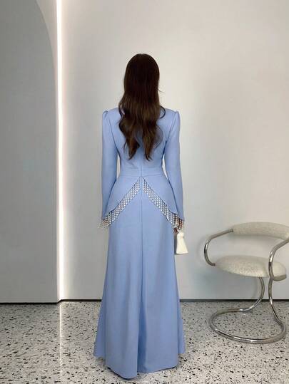 SHEIN Elenzya فستان أنيق رومانسي بخصر مناسب مزين بالخرز والشراريب ذو رقبة دائرية وأكمام طويلة بتصميم A-line للنساء، مناسب للحفلات والمناسبات الرسمية